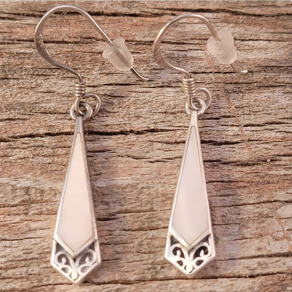 BOMA Sterling Pink Inlaid MOP Marcasite Dangle Drop Earrings